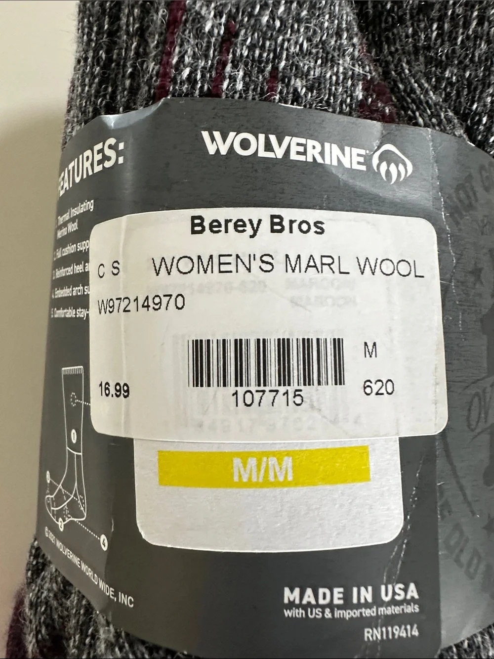 Wolverine Gray and Maroon Wool Boot Socks
